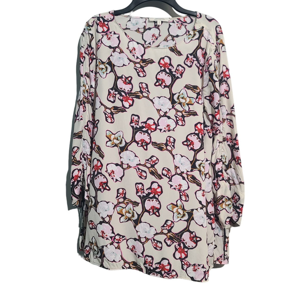 Floral Print Long Sleeve Women's Blouse - Cream with Pink & Red Flowers